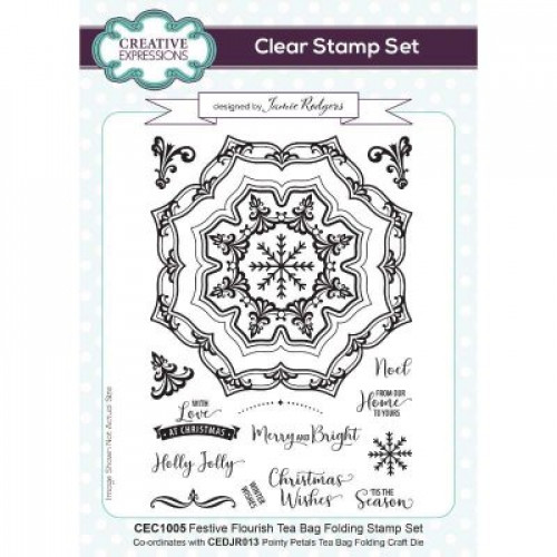 festive flourish tea bag folding stamp set  - Jamie rodgers clear stamp Collection cec1005